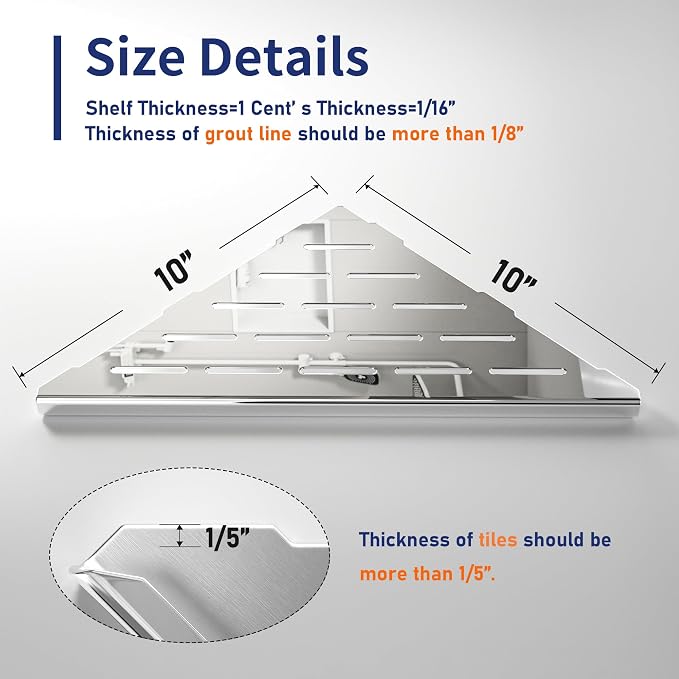 Corner Shower Shelf 10" Polished 304 Stainless Steel Recessed Corner Shelves with Slot Design Bathroom Grout in Shelf for Tiled Wall, 2 Pack - Image 5