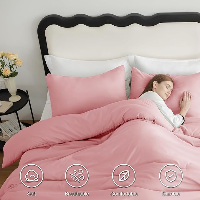 CozyLux King Size Comforter Set Pink, 3 Pieces Solid Comforters King Size Breathable Quilted Bedding Sets, Luxury Soft Lightweight Bed Set with Down Alternative Comforter and 2 Pillowcases All Season