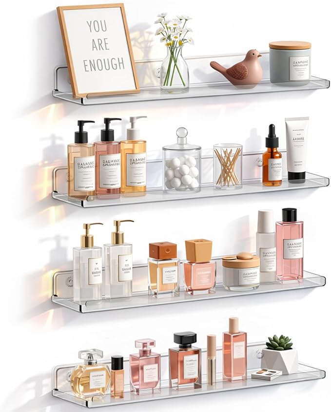 Lifewit Floating Shelves for Bathroom, Acrylic Wall Organizer for Perfume, Makeup, Figures, Nail Polish, Photo, Book, 14" Decor Display Rack for Nursery, Living Room, Bedroom, Kitchen, Clear, 4 Pack by Lifewit