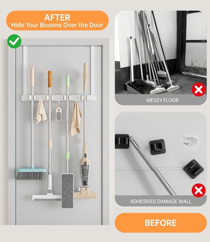Broom Holder Over The Door - 304 Stainless Steel Mop and Broom Holder Wall Mounted or Hanging Over The Door with Hooks - Broom Hanger - white, Broom Storage Tool Organizer for Closet Laundry - Image 2