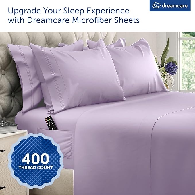 DREAMCARE Queen Sheet Set - 6 pcs Breathable Cooling Bed Sheets - up to 21" Extra Deep Pocket Queen Sheets Set with Side Pockets - Extra Soft 100% Brushed Hypoallergenic Hotel Luxury Bedding -Lavender