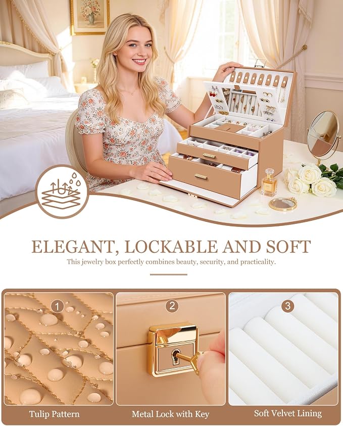 DesignSter Jewelry Box for Women Girl, 3-layer Lockable Jewelry Organizer with Mirror, Large Leather Jewelry Case for Earring Necklace Ring Bracelet Watch - Image 5