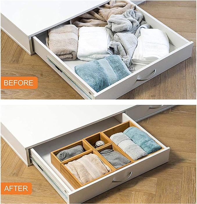 Lawei Set of 5 Bamboo Drawer Organizer Boxes, Desk Storage Box Kit, Drawer Storage Containers Tray Bins for Office, Kitchen, Bedroom, Children Room, Craft, Sewing - Image 7
