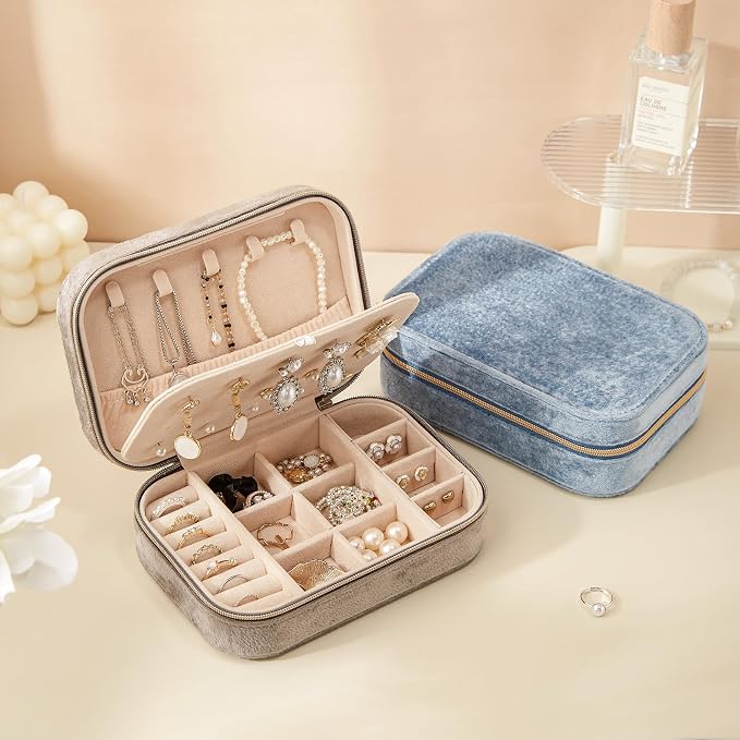 CASEGRACE Plush Velvet Travel Jewelry Box, Portable Jewelry Case for Women Girls, Double Layer Jewelry Organizer Display Box for Necklace Earring Rings Bracelet, Travel Accessory Gifts, Grey - Image 6
