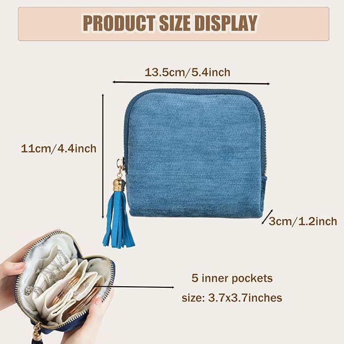 Travel Jewelry Case Organizer for Women - Portable Jewelry Box with 5 Small Pouches, Multi-Compartment Design for Secure Storage, Ideal for Travel, Daily Use (Dark blue) - Image 6