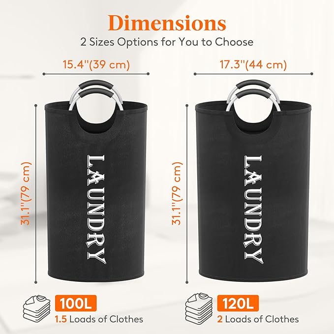 Lifewit 100L 2-Pack Large Laundry Basket, Collapsible Laundry Hamper with Aluminum Handles, Waterproof Freestanding Dirty Clothes Hampers for Laundry Room Bedroom Dorm Bathroom, Black - Image 2