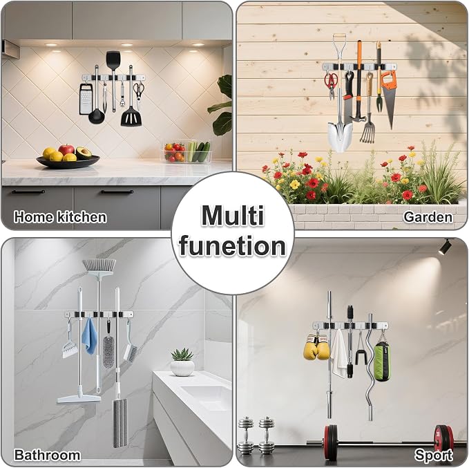 HANZENMA Broom Holder Wall Mount, Broom Organizer Wall Mount Stainless Steel Broom and Mop Hanger Heavy Duty Storage Organization for Home Kitchen Garden Garage Room 3 Racks 4 Hooks Black - Image 5