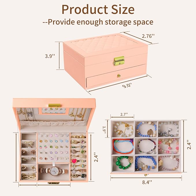 coobest Jewelry Box, 2 Layer Jewelry Organizer with Velvet Earring Organizer, Jewelry Holder Organizer Travel, White Jewelry Boxes for Women, Jewelry Boxes & Organizers for Girls, pink - Image 3