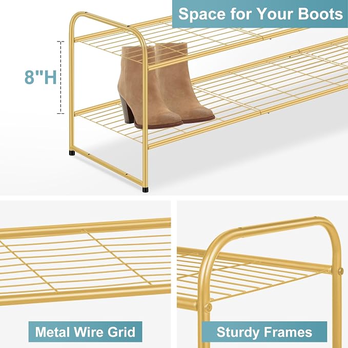 AOODA Long 2 Tier Shoe Rack for Closet Metal Wide Stackable Shoe Storage Organizer for Entryway, Bedroom, Floor, 18-Pairs Low Sneaker Shelf, Golden - Image 6