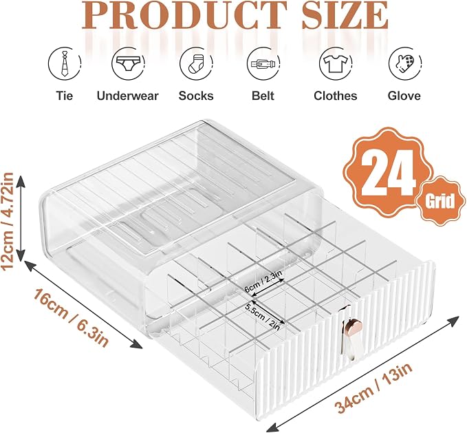 Sock Underwear Drawer Organizer - 24 Compartment Clear Acrylic Storage Bins with Removable Dividers for Closet, Stackable Dresser Drawer Box for No-Mess Socks, Tiers, Baby Clothes, Belt, Tea Bag - Image 5
