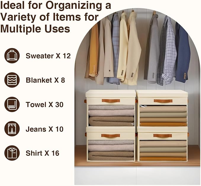 Homsorout Large Storage Bins with Lids - 6 Pack Foldable Decorative Organizers with Clear Windows & Handles, Cube Storage Organizers for Clothes, Blankets, Sweaters, Sheets, Beige - Image 5
