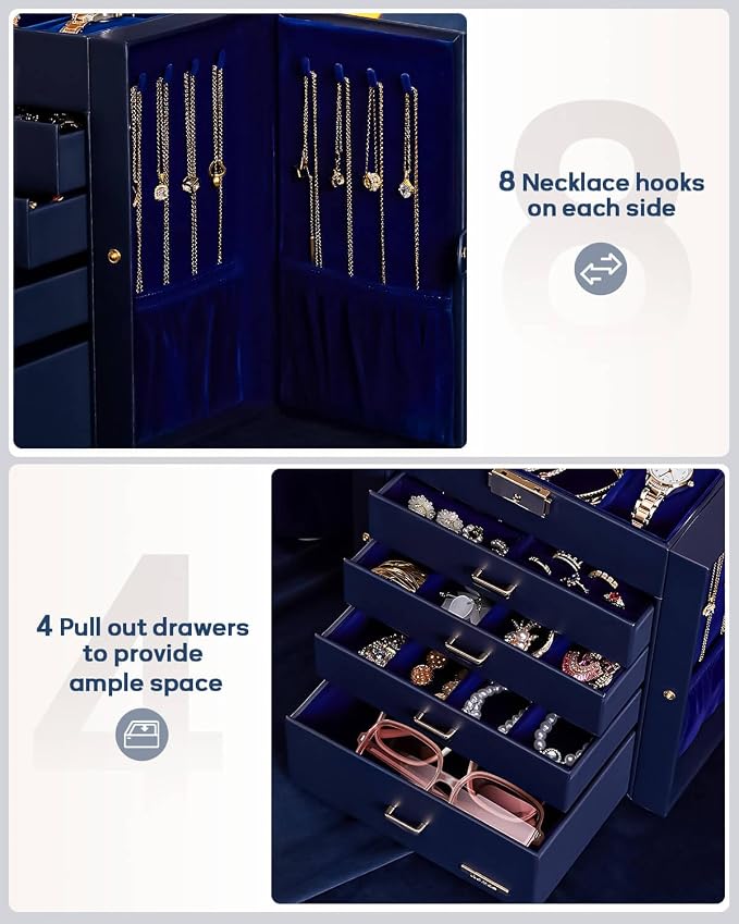 Homde Mothers Day Gifts Synthetic Leather Huge Jewelry Box Mirrored Watch Organizer Necklace Ring Earring Storage Lockable Gift Case (Dark Blue + Gold) - Image 5