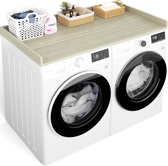 Aheaplus Washer and Dryer Countertop, Laundry Room Organization with Non-Slip Pads, Wood Shelf Topper with Round Corner Edge Rails, Folding Organizer for Laundry, 54" W x 27.5" D, White Oak by Aheaplus