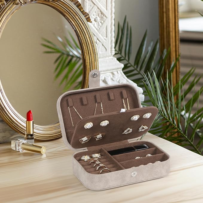 Hatori Travel Jewelry Box, PU Leather Small Jewelry Organizer for Women Girls, Portable Mini Travel Case Display Storage Holder Boxes for Stud Earrings, Rings, Necklaces, Bracelets (Brown) - Image 2