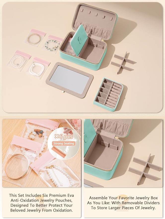 Velvet Travel Jewelry Box with Large Mirror, Double-Layer Jewelry Organizer Case for Women and Girls, Portable Storage Case with 6 Anti-Tarnish Bags Gift Ready for Her (Mint Green) - Image 4