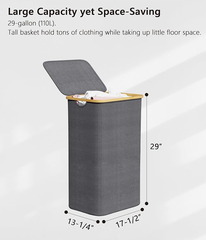 SUOCO Laundry Hamper with Lid, 29 Gal (110L) Clothes Basket with Bamboo Handles, Large Foldable Laundry Hamper for Bedroom, Bathroom, Dorm, Laundry Room - Grey - Image 5