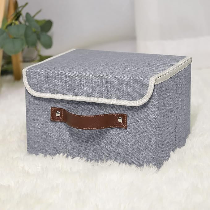 ANMINY 4PCS Storage Bins with Lid PU Leather Handles Storage Boxes PP Plastic Board Decorative Foldable Lidded Cotton Linen Fabric Home Cubes Baskets Closet Organizer Containers - Gray, Small Size - Image 5