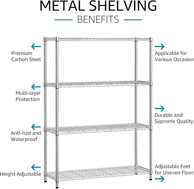 IZEUK 4-Tier Adjustable Heavy Duty Metal Wire Shelving Unit, Wide Storage Rack Organizer for Garage, Kitchen, Office, Dorm, Warehouse (Silver, 15.8" D x 45.8" W x 59.4" H, 1400 lbs Capacity) - Image 4