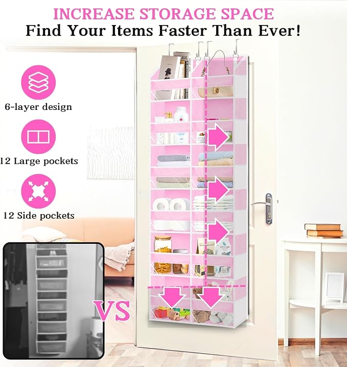 Over The Door Organizer 6 Tiers, Extra Large Behind Door Storage of 12 Compartments, 80 lbs Weight Capacity Hanging Storage Organizer with Clear Window Kids Toys,Shoes,Diapers,Room Storage,Pink - Image 2