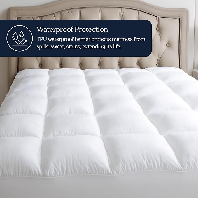 Delara King Size Organic Cotton Mattress Pad & Protector – Hypoallergenic Down Alternative Fill, Waterproof Noiseless TPU Protection, Cooling Mattress Topper and Cover