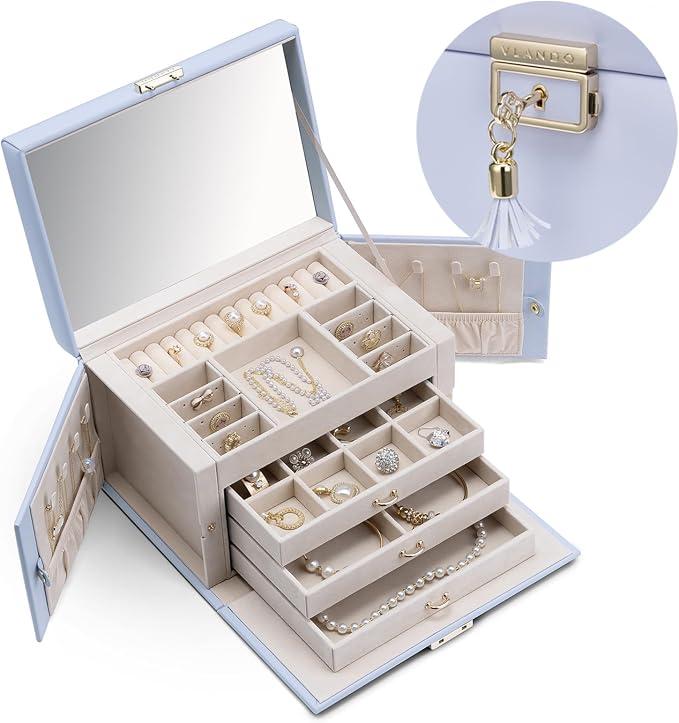 Vlando Lockable Jewelry Box Organizer with Key, 3-Tiered Storage Tray for Necklaces Earrings Rings Bracket Accessories Storage Display, Full HD-Mirror, Purple by VLANDO