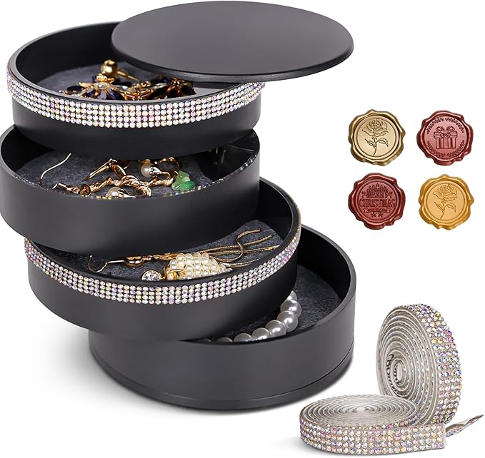 CONBOLA Jewelry Holder Organizer, Christmas Gifts Ideas for Women, Small Jewelry Storage Box Earring Holder, 5-Layer Rotating Jewelry Storage Tray with Lid for Bracelets Rings Bracelets by CONBOLA