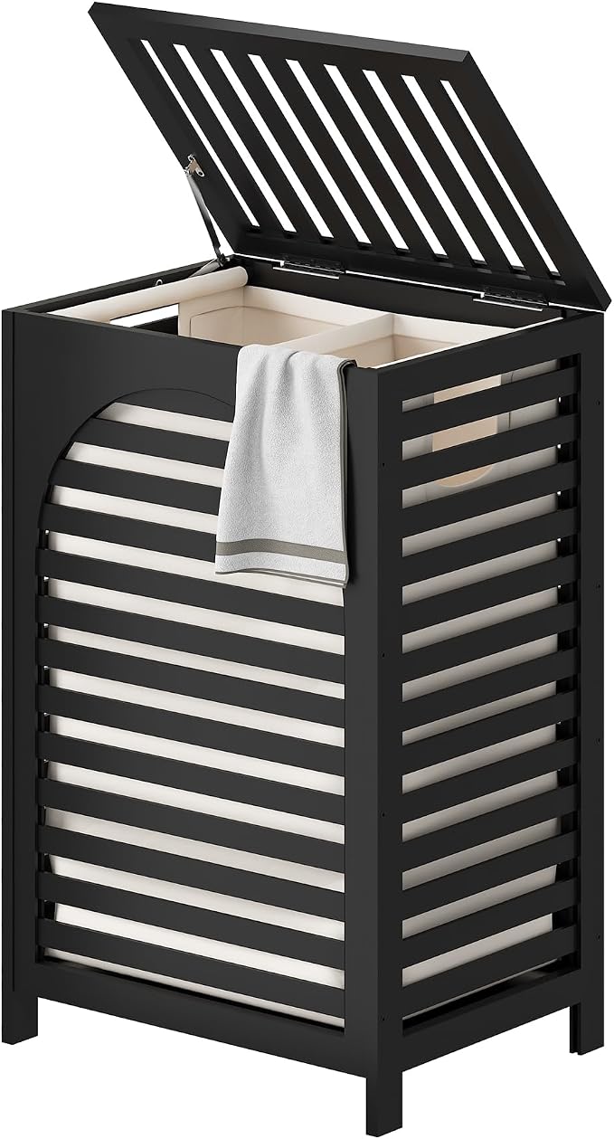 FILWH Laundry Hamper with Lid (16.9 * 13 * 26.5inches) Large Bamboo Laundry Bin Basket 85L Clothes Hamper with 1 Removable Bag Storage baskets for Bathroom(Black) by FILWH