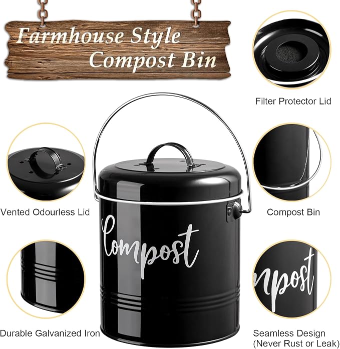 DAYYET Compost Bin Kitchen, 1.3 Gallon Farmhouse Kitchen Compost Bin Countertop, Indoor Countertop Compost Bucket with Lid and Charcoal Filters, Black - Image 2