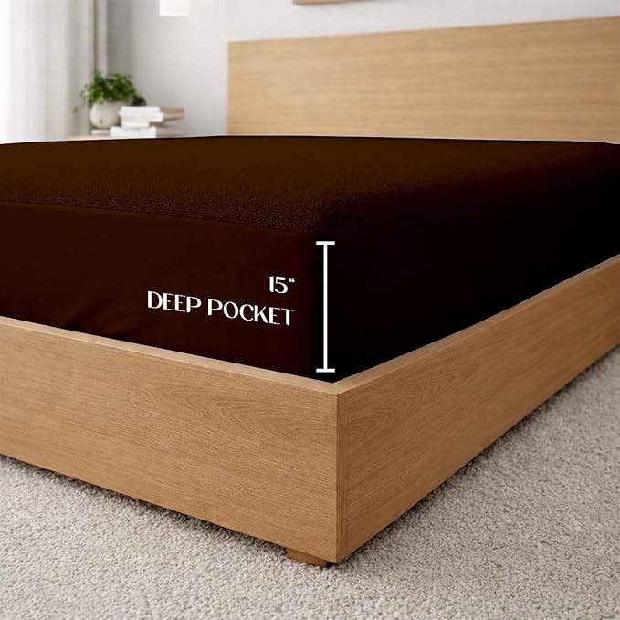 SGI bedding Waterproof 73X76 Short King Mattress Protector – 15" Deep Pocket, Soft Noiseless & Breathable Fitted Style Bed Cover Skin- Friendly Protection Against Moisture Spills & Stains Chocolate