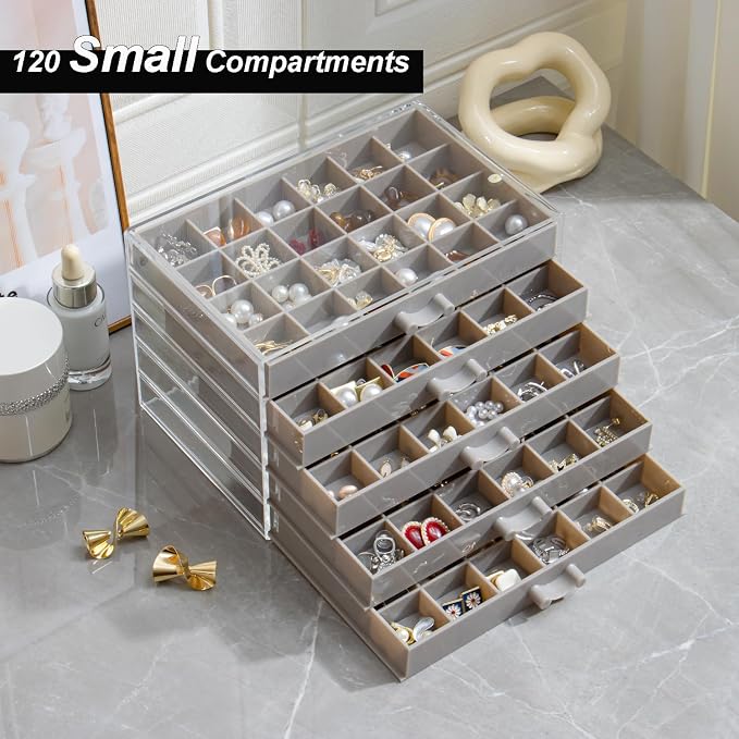 YUFONG Earring Storage Box Organizer, Acrylic Jewelry Storage Box Holder 5 Drawers Transparent Jewelry Display Stand with 120 Small Compartments Gift Boxes for Women Girls (Gray) - Image 2