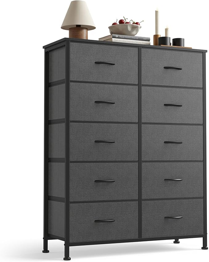 Sweetcrispy 10 Drawer Dresser, Tall Fabric Dresser for Bedroom, Storage Tower with Bins Chest Organizer Unit for Closet, Hallway, Steel Frame Wood Top, Easy Pull Handle, Grey by Sweetcrispy