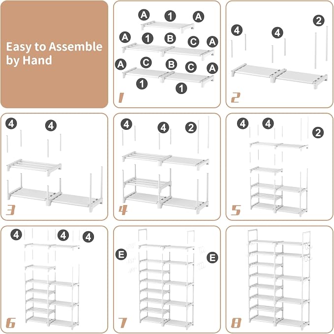 ROJASOP White Shoe Rack, Tall Metal Shoe Rack Organizer for Entryway Closet Garage, 8 Tier Large Shoe Shelf for 26-32 Pairs Boots & Shoes Storage, Space Saving Heavy Duty Shoe Stand - Image 8