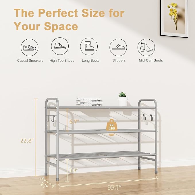 VILICK 3 Tier Shoe Rack 33" Wide Metal Shoe Organizer Long Shoe Storage with 4 Side Hooks Sturdy Shoes Shelf for Front Door Entrance, Closet, Garage, Dorm, Grey - Image 3