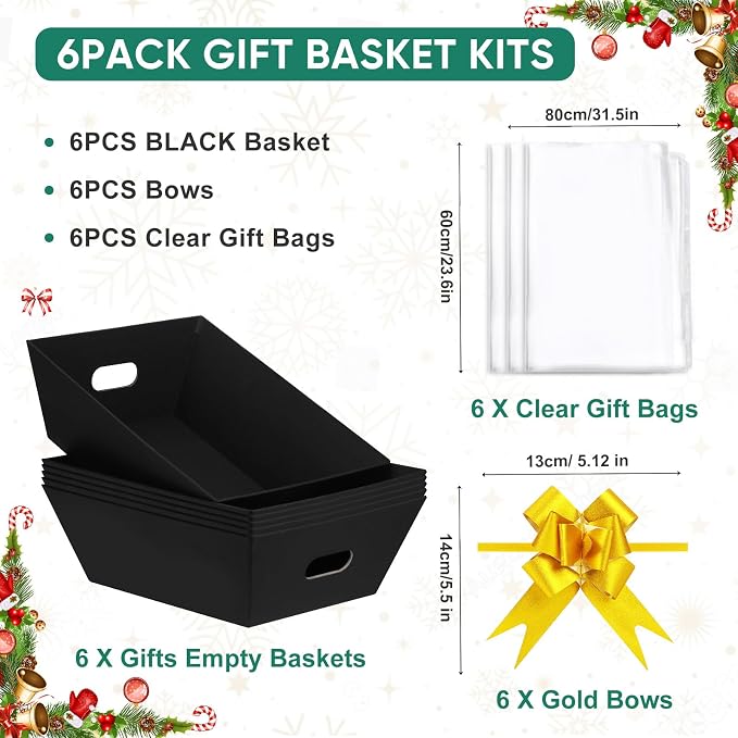 AFOROEOA 6PACK Black Baskets For Gifts Empty, 10x12”Thick Black Gift Basket with 6 Bows 6 Bags Empty Gift Baskets for Christmas Thanksgiving Wedding Birthday Party Wrapping Gift - Image 4