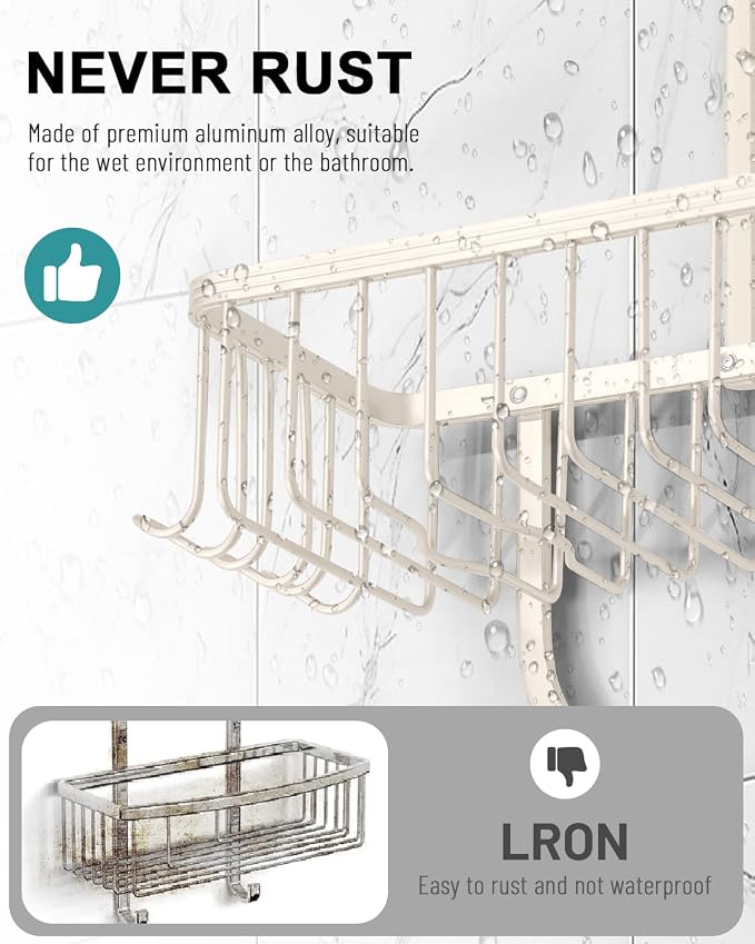 Shower Caddy Hanging - Never Rust Shower Hanging Organizer - Aluminum Over the ShowerHead Caddy with Soap Basket and 6 Hooks for Razor/Sponge (Milky White) - Image 4