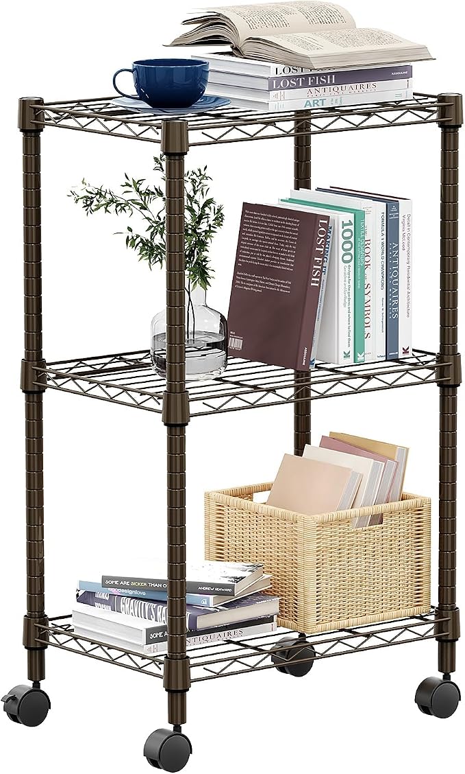 M MZG 3 Tier Shelf Metal Storage Shelves Wire Rack Closet Organizers with Wheel for Garage Kitchen Bathroom Laundry Brown 11.8" D x 17.7" W x 29.8" H by MEIGAOPLASTICANDMETALHKCOLIMITED