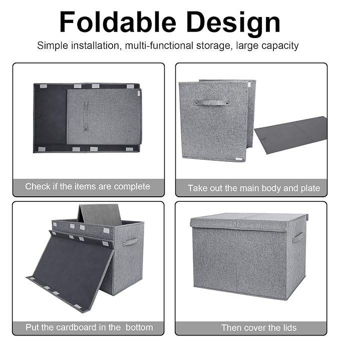 VERONLY Collapsible Toy Storage Bin with Lid, 82L Large Capacity - Gray Neutral Space-Saving Organizer for Playroom, Bedroom & Nursery, Foldable Design - Image 4