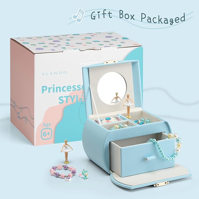 Vlando Kids Musical Jewelry Box for Girls with Drawer, Music Box with Ballerina and Stickers for Birthday Bedroom Decor, Gifts for Girls Kids Christmas Thanksgiving Gifts 2023 - Blue - Image 2