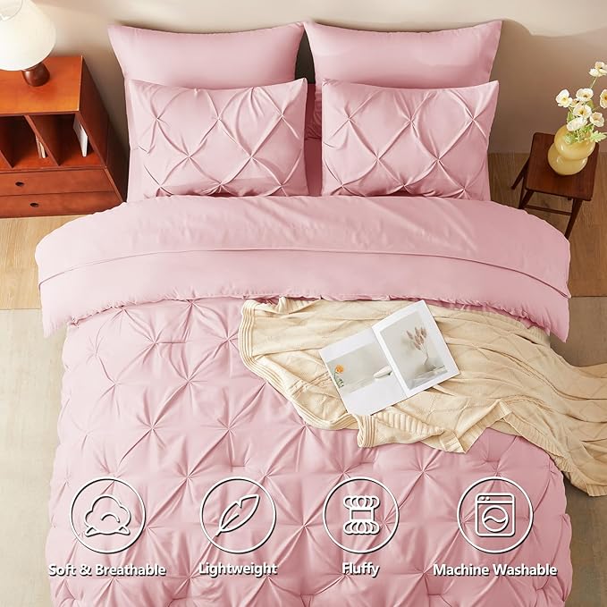 CozyLux Full Size Comforter Sets Pink, 7 Pieces Pintuck Bed in A Bag Pink Comforter Full Size, Pinch Pleat Bedding Sets with All Season Comforter, Sheets, Pillowcases & Shams
