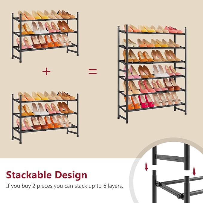 Tajsoon Expandable Shoe Rack for Closet 3 Tier, 28“-41“Adjustable & Stackable Shoe Shelf Storage, Metal Shoe Rack Organizer for Front Door Entrance, Closet, Garage, Entryway, Black - Image 6