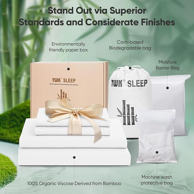 TWK Luxury Sheet Set, Genuine 100% Organic Viscose Derived from Bamboo, Cooling & Breathable, Silky Soft, Bedding Sheets & Pillowcases (White, California King)