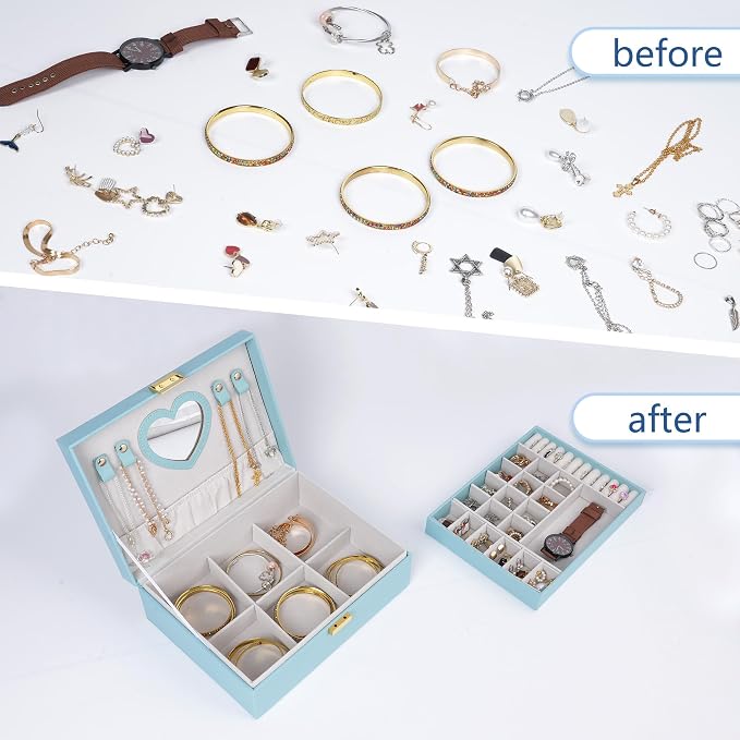 Dajasan Jewelry Box for Teenage Girl Gifts, Jewelry Organizer Box for Little Girls Kids, 2-Layer Large Jewelry Gift Box for Christmas, Valentine's Day, Birthday, Mother's Day (Blue) - Image 3