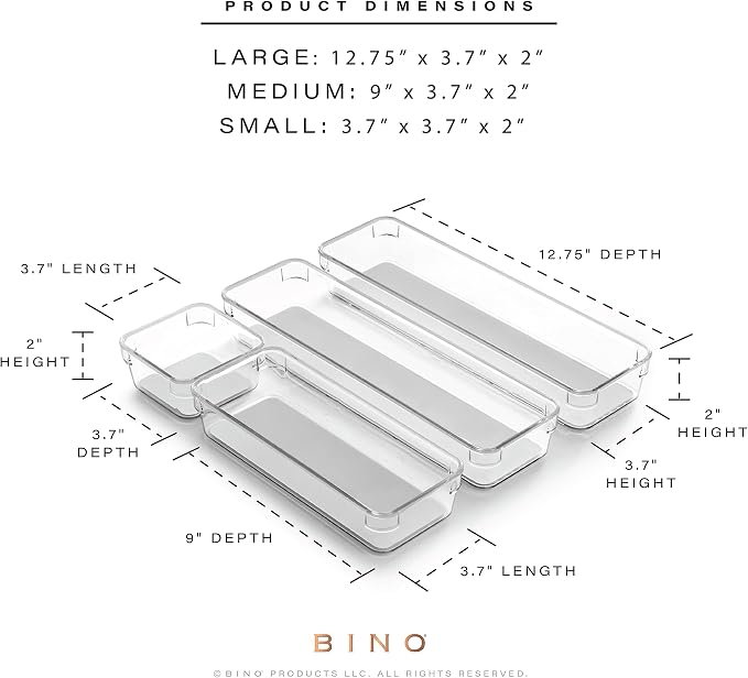 BINO | 4-Piece Drawer Organizer Bin Set - Grey, Small | THE MODULAR+ | Multi-Purpose Storage | Soft-Grip Lining and Non-Slip Rubber Feet | Durable | BPA-Free | Desk Drawer Organizer | Vanity - Image 3