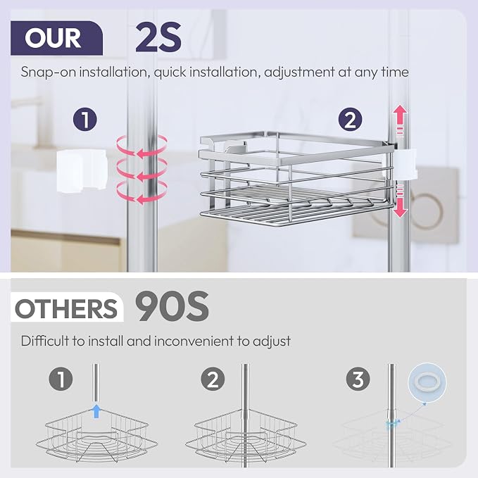 SWTYMIKI Shower Caddy Tension Pole - 4-Tier Corner Shower Organizer Tension Rod with Soap Holder, Toothbrush Holder & 4 Hooks, Adjustable Stainless Steel Bathroom Organizer 27.6 to 108.3 inch, Silver - Image 3