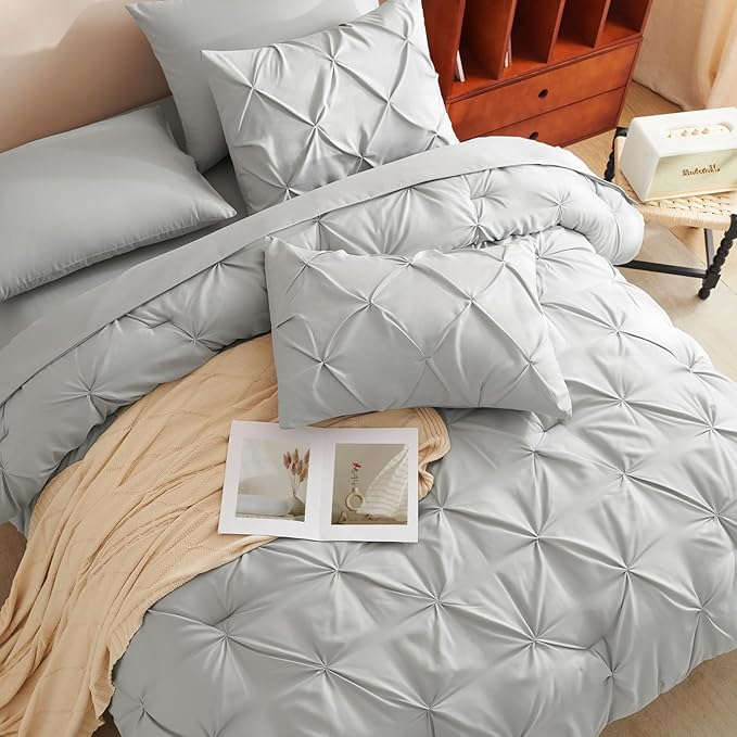 CozyLux King Size Comforter Set Light Grey, 7 Pieces Pintuck Bed in A Bag Gray Comforter King Size, Pinch Pleat Bedding Set with All Season Comforter, Sheets, Pillowcases & Shams