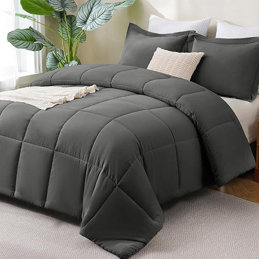 CozyLux Full Size Comforter Sets - Dark Grey Comforter Full Size, 3 Pieces Box Stitched Bed Set for All Seasons, Soft Lightweight Bedding Sets with 1 Down Alternative Comforter and 2 Pillow Shams