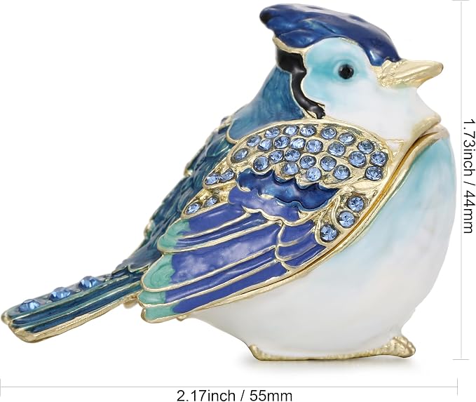Hand Painted Enamel Blue Jay Trinket Box for Home Decor, Hinged Jewelry Organizer for Ring Earrings, Unique Figurine Keepsake Collectible Personalized Elegant Handmade Ornament Gifts (Blue Jay) - Image 2