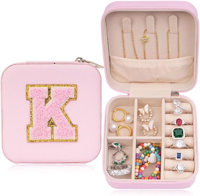 ETHOON Jewelry Travel Case Small Organizer Stocking Box Personalized Gifts Teenage Jewelry Accessories Holiday Wedding Christmas Gift for Women Pink, Letter K by ETHOON