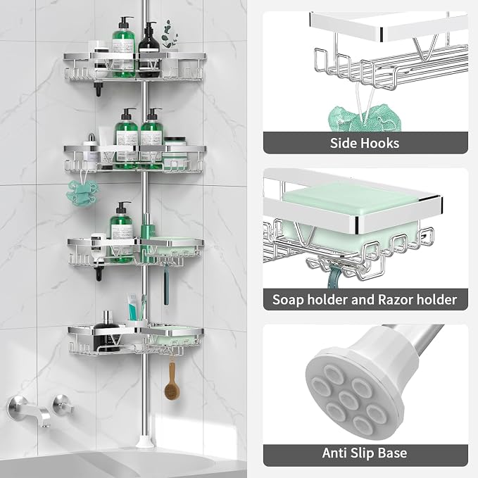 DAOYA Corner Shower Caddy Tension Pole - Chrome Tension Rod Shower Caddy Adjustable Shampoo Holder for Bathroom/Bathtub/RV, Stainless Steel, Floor to Ceiling 25-114.2 inch - Image 5