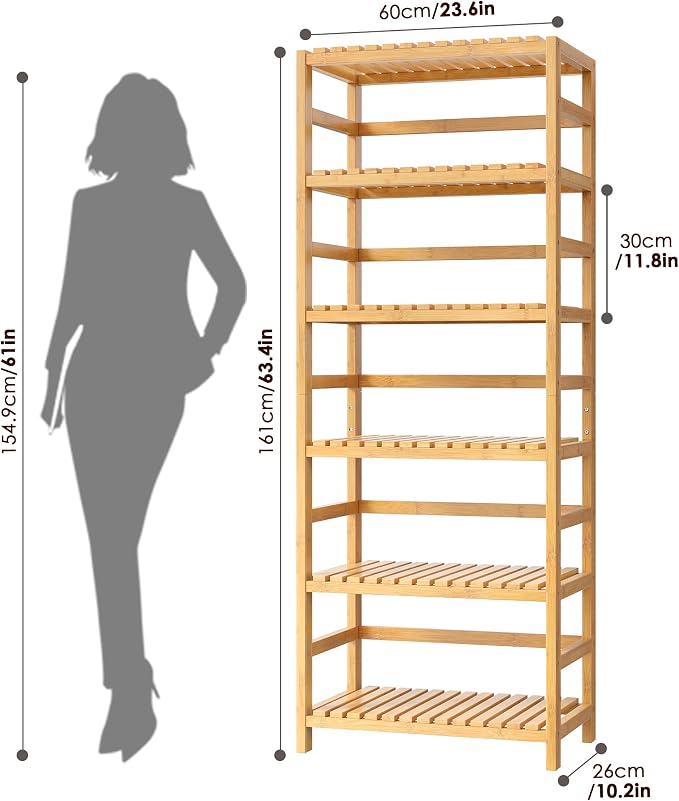 FOTOSOK 6-Tier Bamboo Shelf, Bamboo Bookcase with Adjustable Shelves, Free Standing Storage Shelf Unit, Plant Flower Stand for Kitchen, Bathroom, Home Office, Natural - Image 3